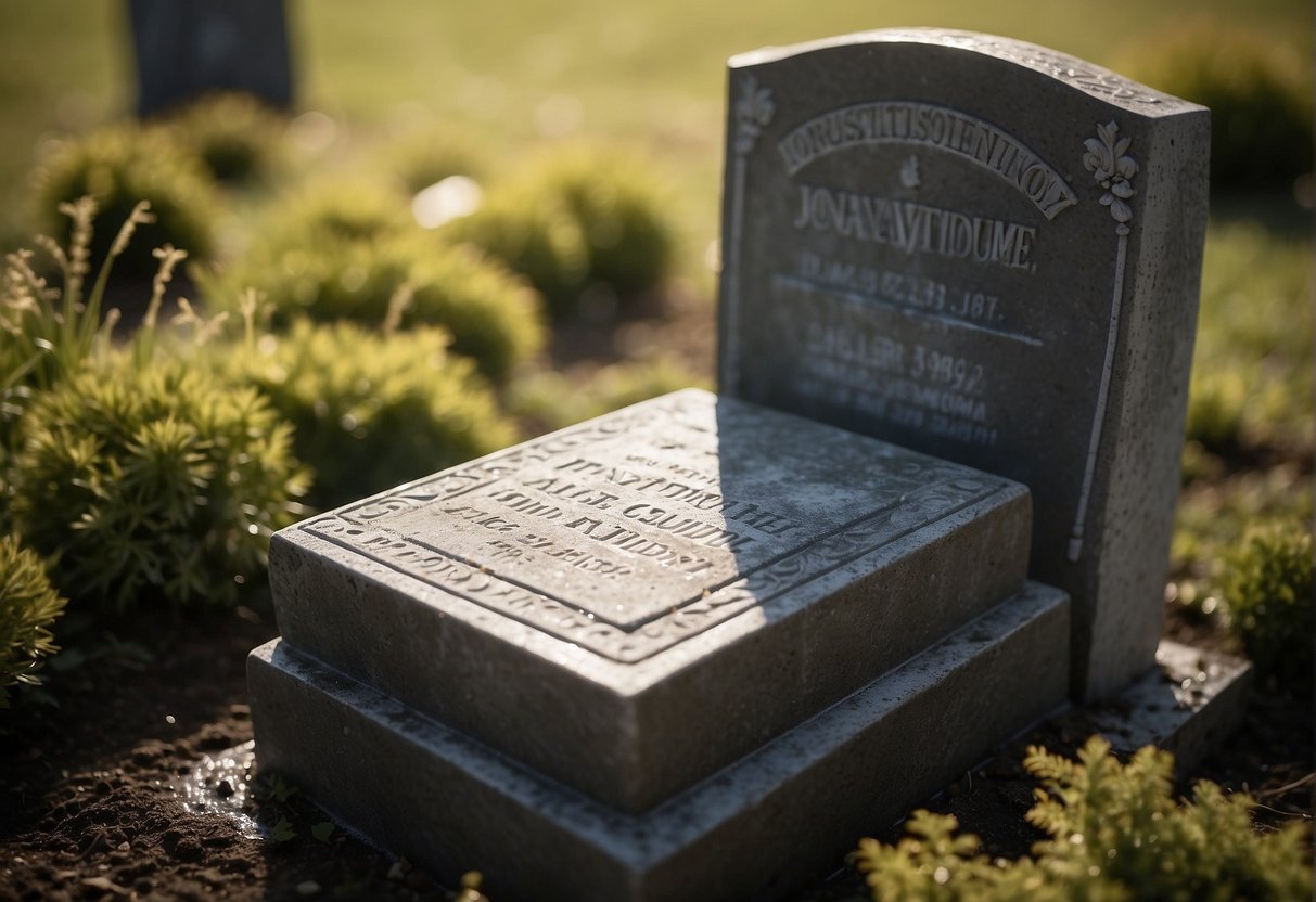How to Clean a Gravestone: A gravestone is gently scrubbed with a soft-bristled brush and a mixture of water and gentle soap, removing dirt and debris to reveal the engraved lettering and design