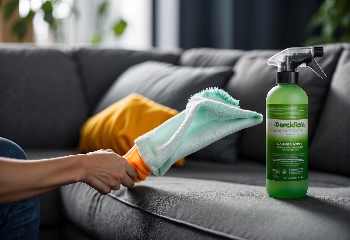 How to Clean Polyester Couch: A person sprays fabric cleaner on a polyester couch, then wipes it down with a clean cloth to remove dirt and stains