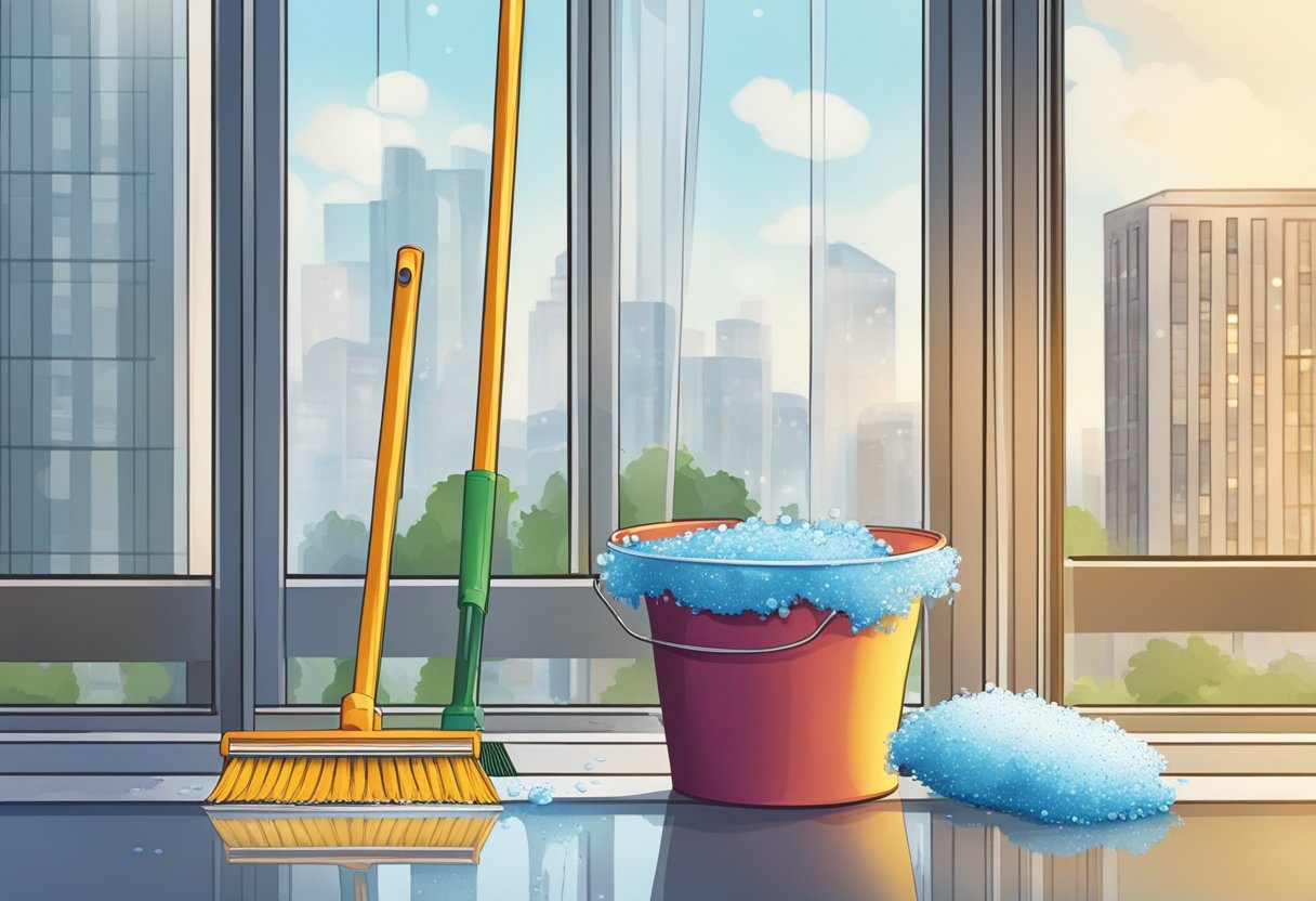 How to Clean Outside Windows You Can't Reach: A long-handled squeegee scrapes across tall, gleaming windows, leaving behind streak-free glass. A bucket of soapy water and a scrubber sit nearby