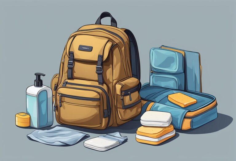 How to Clean North Face Backpack: A backpack lies open on a clean surface. A damp cloth and mild soap sit nearby. The backpack's zippers are open, revealing interior pockets and compartments