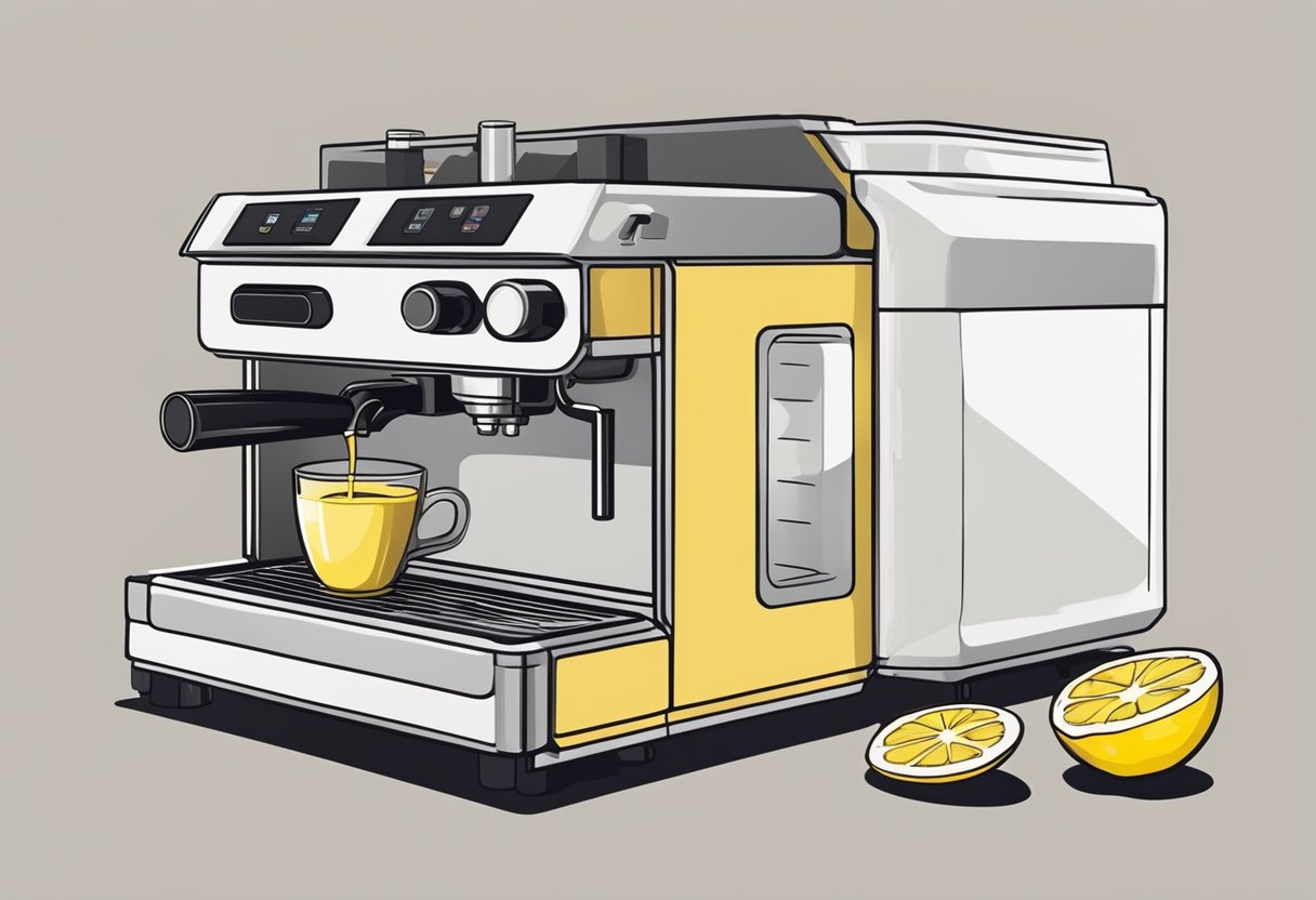 How to Clean a Coffee Machine Without Vinegar: A hand pours lemon juice into a coffee machine reservoir. The machine is turned on to run a cycle, then rinsed thoroughly with water