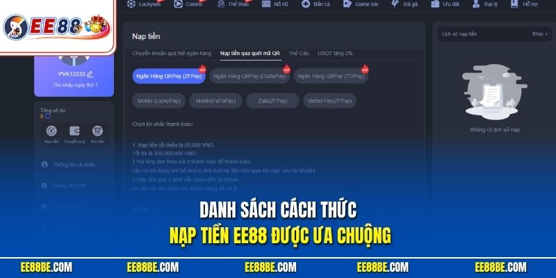 Danh sách cách thức nạp tiền EE88 được ưa chuộng